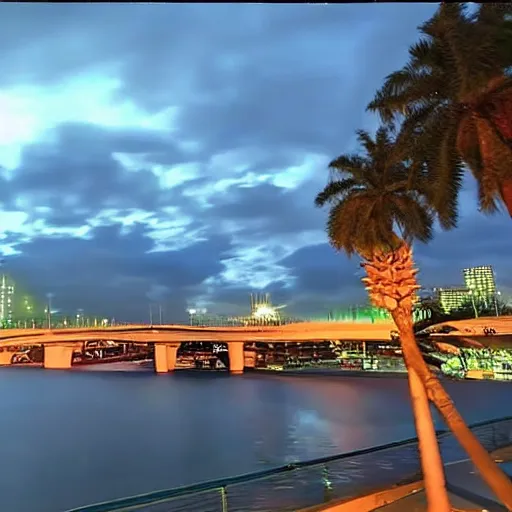 Image similar to blue hour, mostly cloudy sky, palm trees, bridge, curved bridge, dusk, 2 4 0 p footage, 2 0 0 6 youtube video, 2 0 0 6 photograph, low quality photo, home video