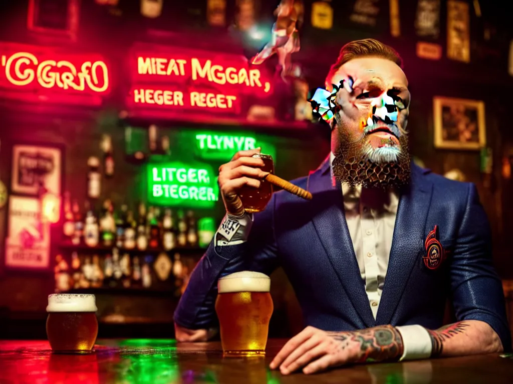 Prompt: a well framed portrait of conor mcgregor drinking a beer and smoking a cigar in an irish pub with a neon bar, laser lighting, trending on art station, in the style of the movie heat with al pacino, volumetric lighting & shadows, hyper detailed, digital art, unreal engine, 4 0 0 mm f 1. 8,