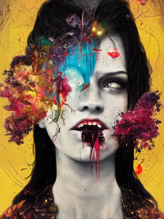 Prompt: art portrait of vampire with flower exploding out of head,by tristan eaton,Stanley Artgermm,Tom Bagshaw,Greg Rutkowski,Carne Griffiths,trending on DeviantArt,face enhance,chillwave,minimalist,cybernetic, android, blade runner,full of colour,