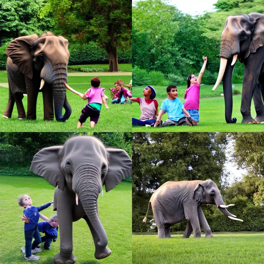 Prompt: five legged elephant yelling at kids to get off the lawn