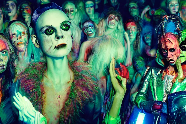 Image similar to 35mm color, illegal rave, portrait, fashion shoot, freak show, hyperdetailed, photorealistic, interesting, by David la chapelle and les edwards and david cronenberg and WETA digital, ID magazine, octane rendering, cinematic, hyperrealism, octane rendering, 8k, depth of field, bokeh.