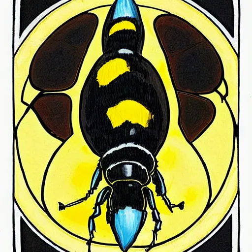 Image similar to a bumblebee in the middle of a bullseye, art nouveau, fantasy illustration, tarot, dark and angry