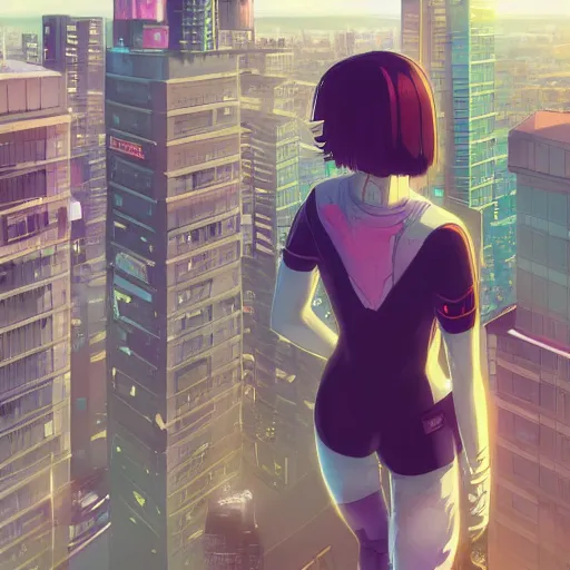 Image similar to a girl stands on top of a multi-storey building, anime style, 4k, cyberpunk city in the background, very detailed, by Ilya Kuvshinov