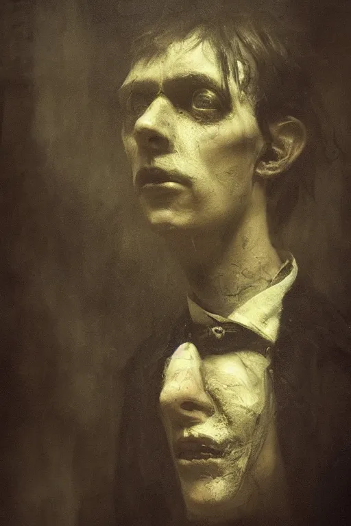 Prompt: detailed cinematic moody colors studio portrait of a possessed young victorian gentleman being controlled like a puppet, creepy evil vibe, high quality by jeremy mann, only one head single portrait