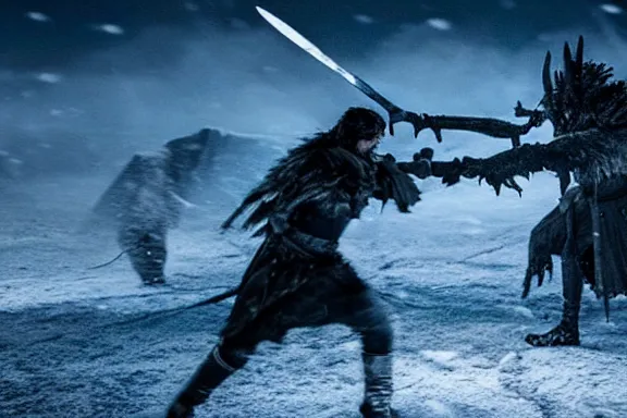 Image similar to very very intricate photorealistic photo of jon snow fighting the night king, photo is in focus with detailed atmospheric lighting, award - winning details