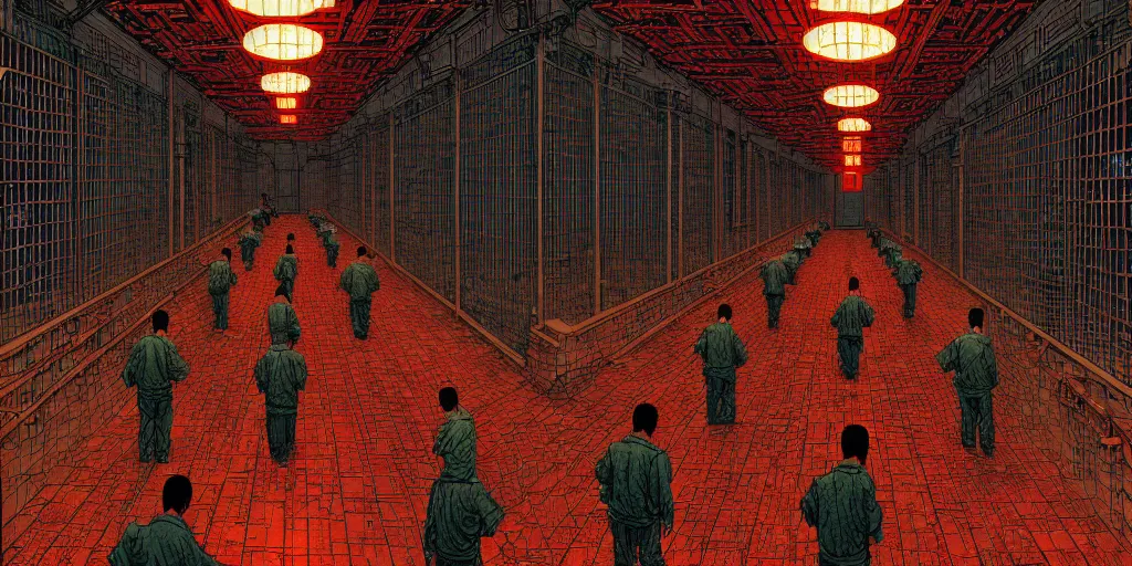 Image similar to artwork of a chinese prison by dan mumford and toshi yoshida and peter doig, vintage scifi, highly detailed, dramatic lighting, 8 k