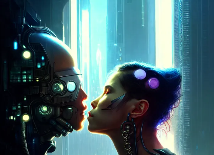 Prompt: cyberpunk, sci - fi, fantasyultra realistic medium shot of a couple of cyborgs kissing, lovers, artstation, soft light, volumetric lighting, night, intricate, highly detailed, digital painting, concept art, smooth, sharp focus, illustration, art by artgerm and greg rutkowski and alphonse mucha