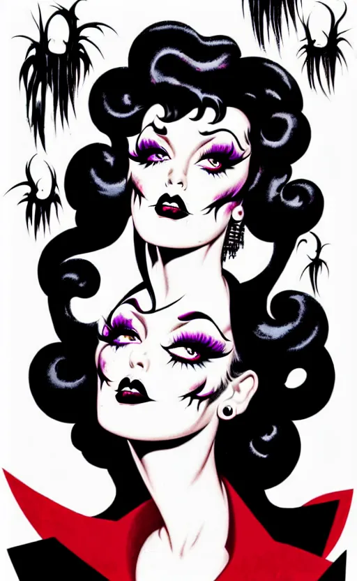 Image similar to looking up at a goth girl with a detailed face and black hair, burlesque psychobilly, rockabilly, punk, white background, vector art, illustration by frank frazetta