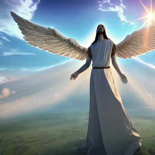 Image similar to gigantic biblical depiction of an angel towering over a vast landscape, cinematic, realistic, geometric body, photorealistic, detailed, white body, global illumination, volumetric lighting, 8 k, god rays, beautiful, majestic clouds