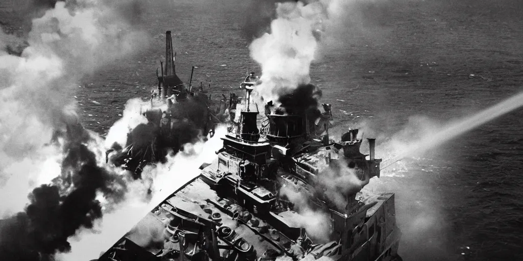 Image similar to steampunk battleship engulfed in flames and sinking with water crashing on deck, clouds of smoke, bird's eye view, cinematic full shot, high detail, 35mm film black and white photograph
