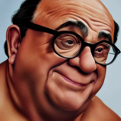 Image similar to danny devito with the physique of a body builder, hyper realistic and ultra detailed face, cinematic, dynamic lighting, photorealistic, refined, intricate, digital art, digital painting, masterpiece, 8k