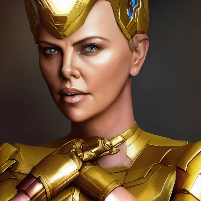 Image similar to portrait of ((Charlize Theron)), wearing The Infinity GAUNTLET. infinity gauntlet. intricate artwork. octane render, trending on artstation, very coherent symmetrical artwork. avengers. thanos. cinematic, hyper realism, high detail, octane render, 8k, iridescent accents