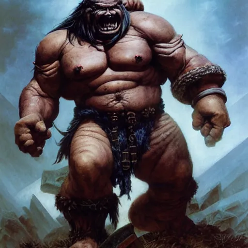 Prompt: head and shoulders portrait of an ogre barbarian, d & d, fantasy, greg rutkowski, frank frazetta, alexandre chaudret, boris vallejo, michael whelan, miro petrov, hr giger, magali villeneuve, donato giancola