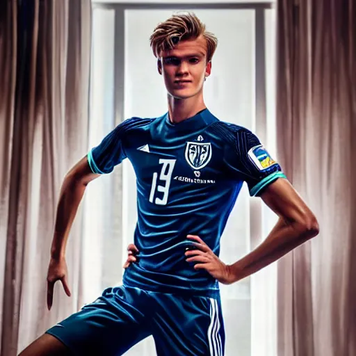 Image similar to a realistic detailed photo of a guy who is an attractive humanoid who is half robot and half humanoid, who is a male android, soccer player martin ødegaard, shiny skin, posing like a statue, blank stare, in a living room, on display, showing off his muscles