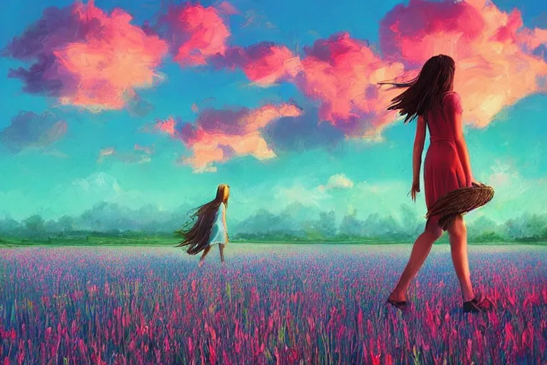 Image similar to giant gladiola head, girl walking in field of flowers, surreal photography, sunrise, blue sky, dramatic light, impressionist painting, digital painting, artstation, simon stalenhag