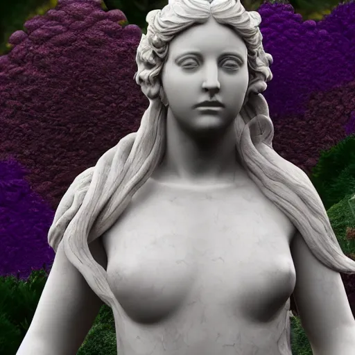 Image similar to an idealistic marble statue with flowery hair in a fractal garden, unreal engine, 8k render, beautiful, full frame,