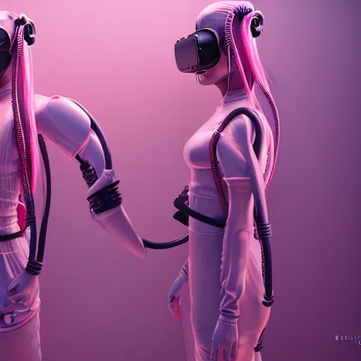 Image similar to intense futuristic bespoke vr headset respirator with long cables like dreadlocks on a set of twin ninja hypebeasts, by ilya kuvshinov and james jean and sorayama and ikeuchi and hiroya oku and gilleard james, artstation trending, 8 k, 3 d render, photorealistic, volumetric lighting caustics, pink