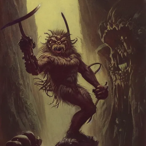 Image similar to quarter length portrait of a bugbear, d & d, fantasy, greg rutkowski, frank frazetta, alexandre chaudret, boris vallejo, michael whelan, miro petrov, hr giger, magali villeneuve, donato giancola