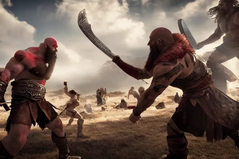 Prompt: Kratos fighting People in Asgard, wide angle shot, cinematic, depth of field