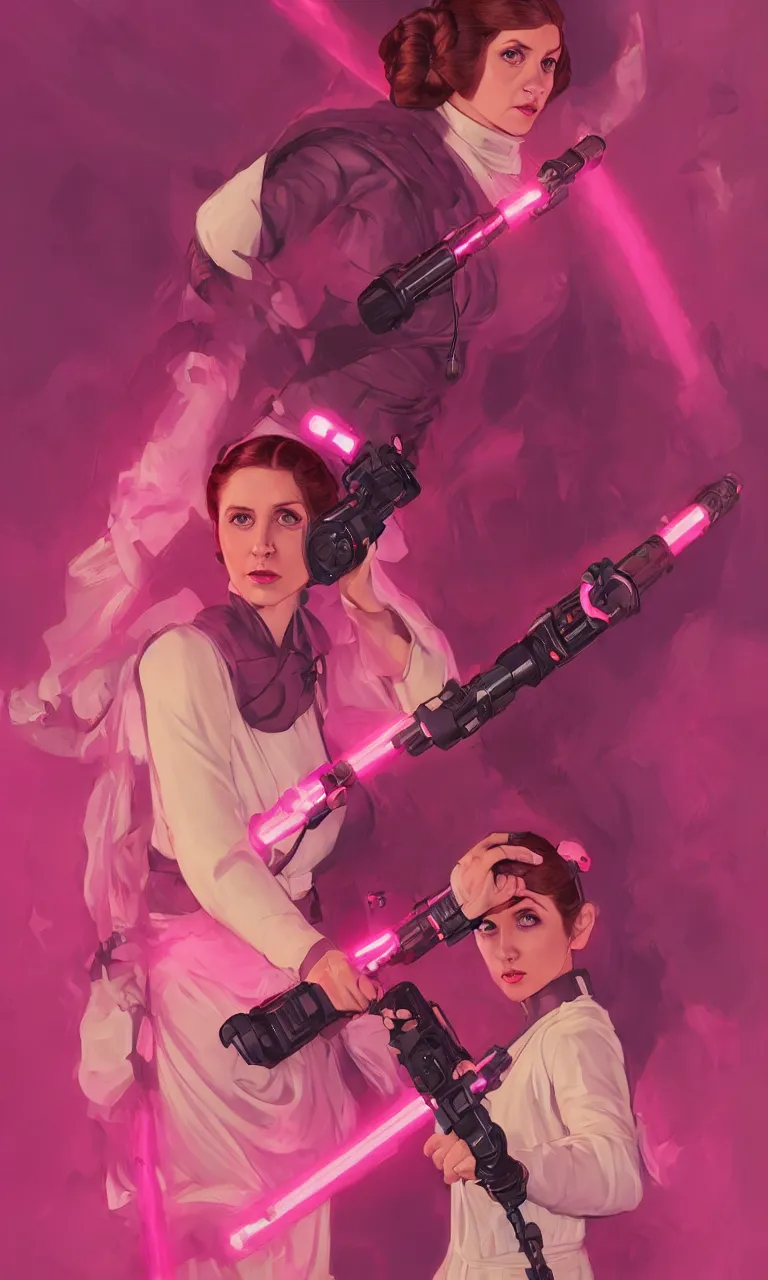 Prompt: Princess Leia wielding a fuchsia light saber, ambient lighting, 4k, alphonse mucha, lois van baarle, ilya kuvshinov, rossdraws, artstation