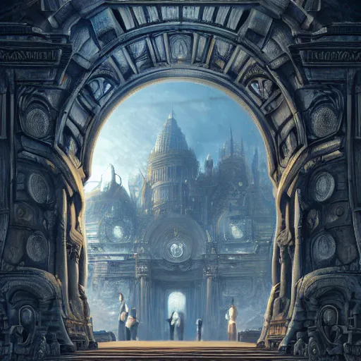 Image similar to carved futuristic gateway at the end of ancient ornate steps with a wide view of city which details the vast architectural scientific and cultural achievements of all humankind, complex composition, molecules, renato muccillo, andreas rocha, jorge jacinto, damian kryzwonos, ede laszlo, artstation, digital art, high contrast, cinematic blue and gold