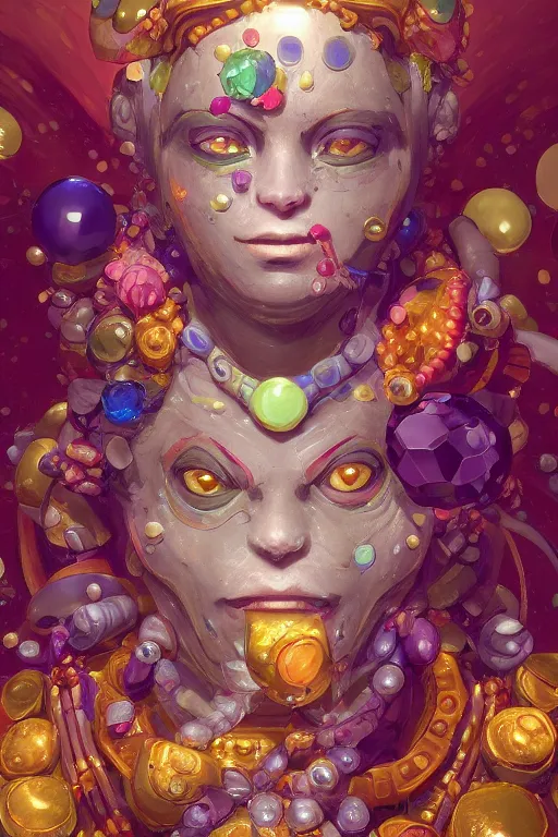 Image similar to maximalist detailed gemstone golem portrait by adoryanti, holosomnia, electrixbunny, rendered in discodiffusion. ornated and decorated with pearls and gems, behance hd by jesper ejsing, by rhads, makoto shinkai and lois van baarle, ilya kuvshinov, ray tracing hdr radiating a glowing aura