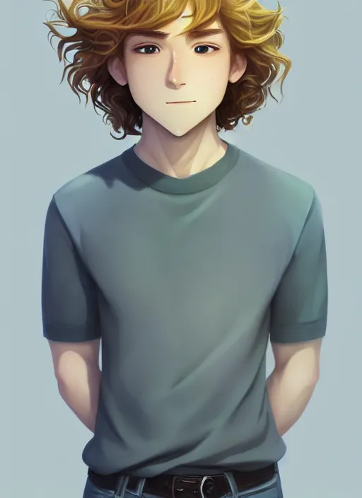 Image similar to young man with medium - length, curly, golden hair, perfectly proportioned face, aquamarine eyes, smile, natural lighting, path traced, highly detailed, high quality, cartoon, digital painting, by new haicheng and studio ghibli