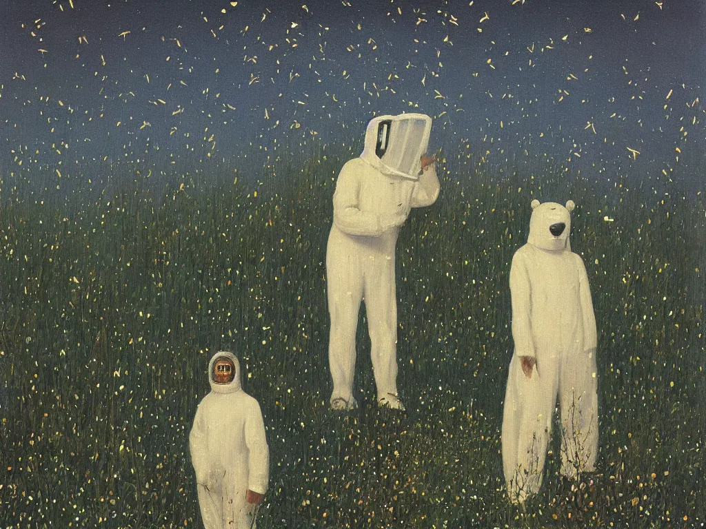 Image similar to man in white beekeeper polar bear suit with fireflies in the thorn garden, small devil creatures. painting by mikalojus konstantinas ciurlionis, bosch, max ernst, agnes pelton, rene magritte