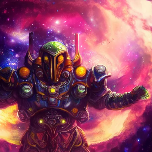 Image similar to photorealistic fantasy cosmic concept art of a cosmic god with armor made out of planets and dark matter, hovering in a unknown galaxy, fully body portrait, cinematic, dynamic lighting, ultra detailed, creative, trending on art station, stunning visuals, creative