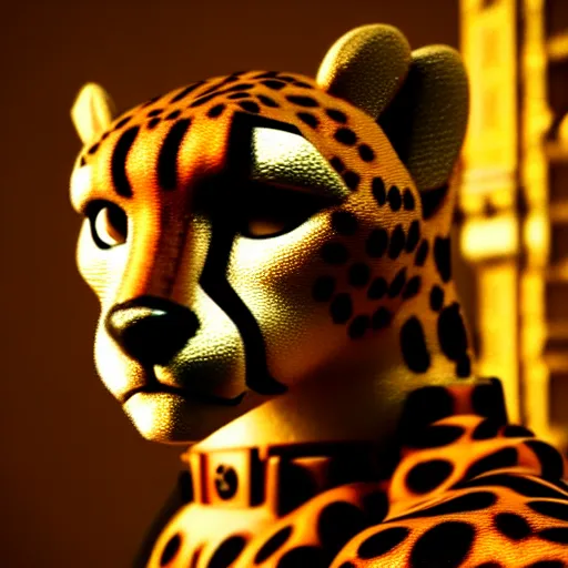 Prompt: A detailed close-up scene from a 2022 Marvel film featuring a steampunk anthropomorphic cheetah wearing a suit in an opulent palace room. Golden Hour. Photorealistic. Kodak Ektar 100.