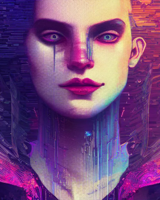 Image similar to glitch art close up portrait vampire, glitches, vaporwave, highly detailed, very intricate, graphical errors, neon glitch, chromatic aberration, harsh lighting, award - winning, unreal engine 5, illustration by mandy jurgens and alphonse mucha and alena aenami, glitch color palette, featured on artstation