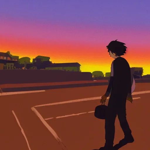 Image similar to man walking through street during a sunset, studio ghibli art style, 8 k