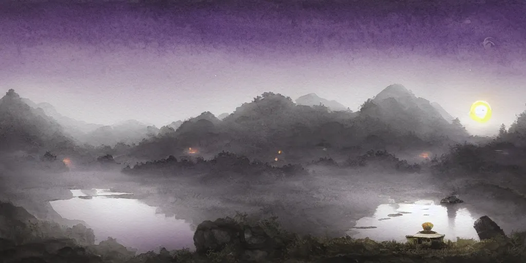 Prompt: a beautiful water color and ink painting of a large landscape, with a chinese temple, streams and rocks, moon disc, stars in the sky, at dawn, emerging sun and hills on the horizon some light fog by lee madgwick and wlop, trending on artstation, more dark purple color scheme, cinematic lights, fireflies