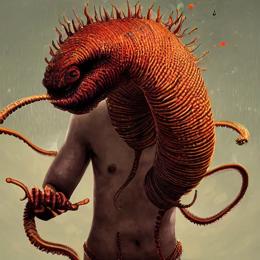 Prompt: surreal painting of man transforming into a worm creature digital painting, concept art, trending on artstation, highly detailed, epic composition, 8 k uhd