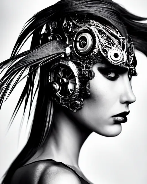 Image similar to a profile portrait, a stunning young woman - crow - cyborg, editorial photography, bw, shot on 7 0 mm, depth of field, f / 2. 8, high contrast, 1 6 k, volumetric lighting, shiny, insanely detailed and intricate, hypermaximalist, elegant, ornate, hyper realistic, super detailed