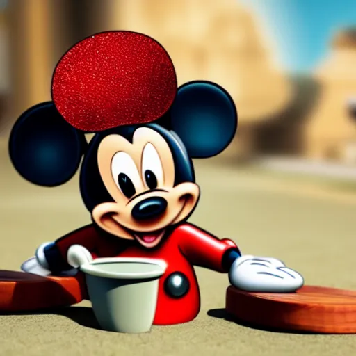 Image similar to close up of mickey mouse in a mouse trap, cinematographic shot, cartoon