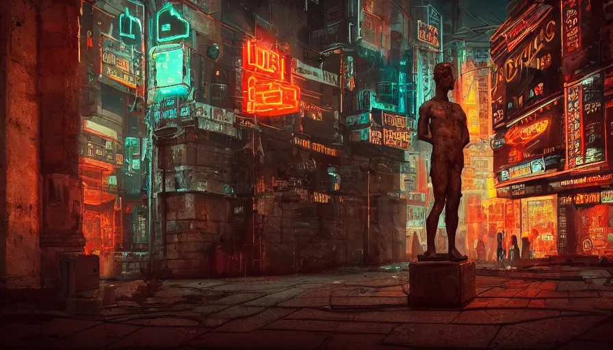 Image similar to a small weathered ancient greek sculpture standing in a square, surrounded by cyberpunk city, neon sign, bladerunner, digital illustration, artstation, cinematic composition