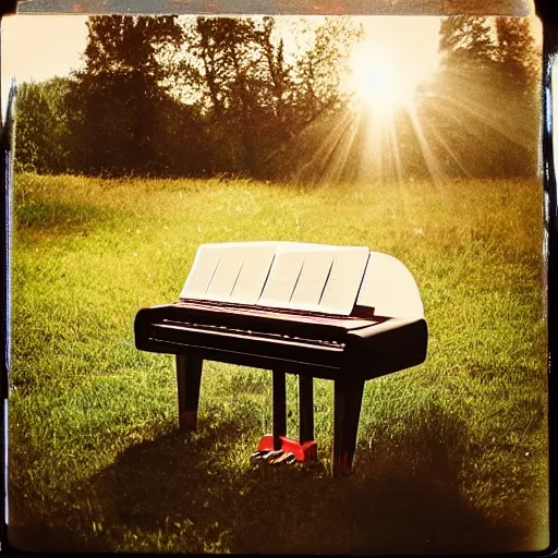 Prompt: a Polaroid photo of a transparent perspex piano in a field, beams of light, nostalgic