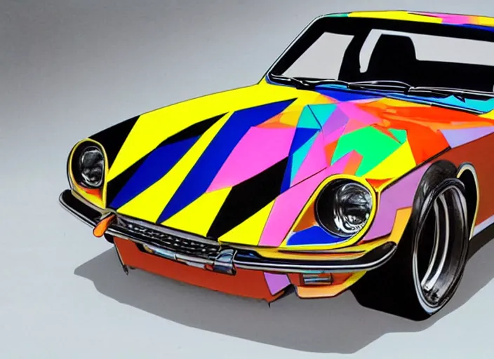 Image similar to a datsun 2 4 0 z in the art style of yaacov agam & amano, yoshitaka