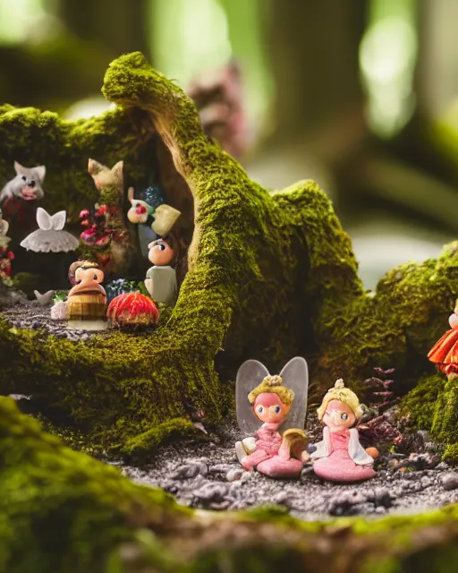 Image similar to high quality presentation photo of a detailed miniature diorama of a fairy tale forest in the style of Nicoletta Ceccoli, photography 4k, f1.8 anamorphic, bokeh, 4k, Canon, Nikon