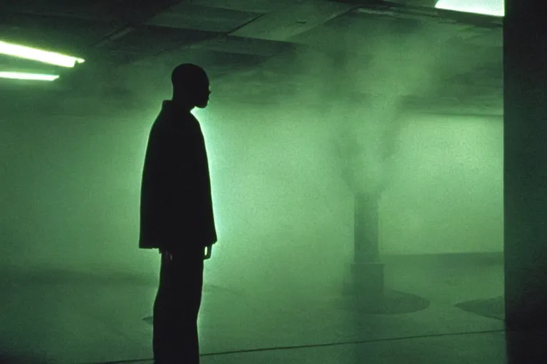 Prompt: will smith as a character from the matrix, cinematic, movie still, dramatic lighting, matrix code,!! by bill henson!!, green color theme, 1 6 : 9 ratio