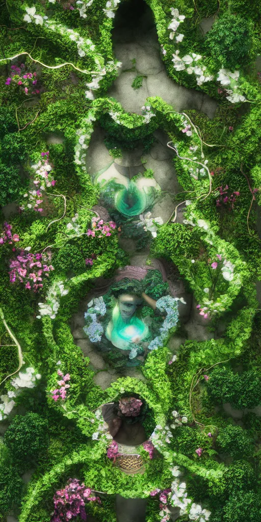 Image similar to an aerial view beautiful garden forming the face of a beautiful goddess, hyperrealism, 8 k, octane render, dramatic lighting, trending on artstation