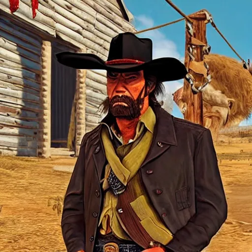 Image similar to a cowboy, with a trump hairstyle, in the style of red dead redemption, lucky luke, the good, the bad and the ugly, clint eastwood, steven seagal, bud spencer, donald trump, glory days, patriotism