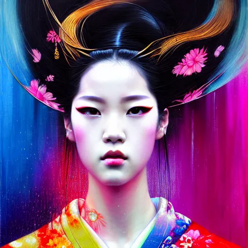 Prompt: blackpink, hyperrealistic portrait of a geisha wearing a colorful kimono, bladerunner street, by karol bak and agnes cecile, fantasy art, photo realistic, dynamic lighting, artstation, poster, volumetric lighting, very detailed face, intricate complexity, rule of thirds, 8 k, award winning