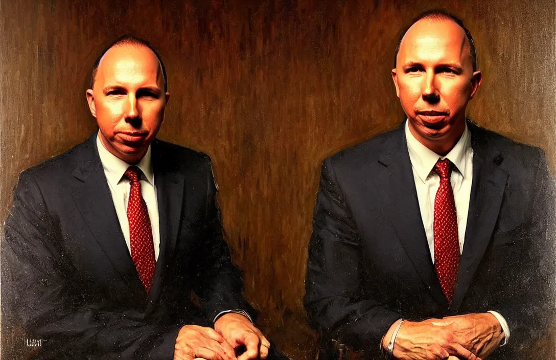 Image similar to portrait of peter dutton australian politician!!!!!!!!!!!!!!!!!!!!!!!!!!!, detailed face, detailed painting, epic lighting, by ilya repin, phil hale and kent williams