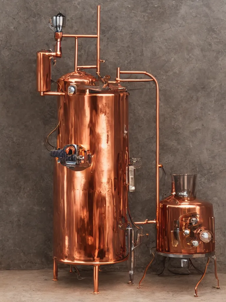 Prompt: microwave powered cognac distilling pot, copper metallic, electric, detailed, slightly steamy, commercial photo, 2 - point perspective, spot lighting