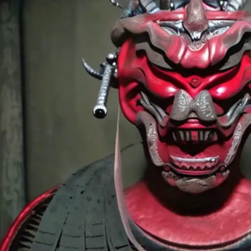 Prompt: fierce big muscular samurai wearing a cybernetic oni mask, movie still