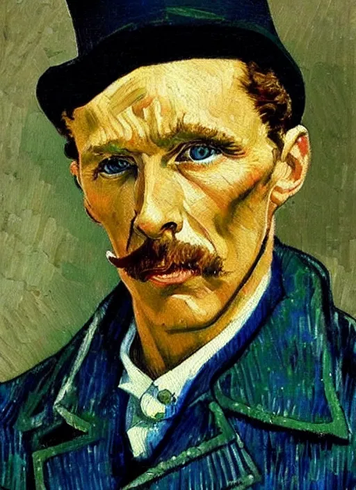 Image similar to lifelike oil painting portrait of sherlock holmes by van gogh