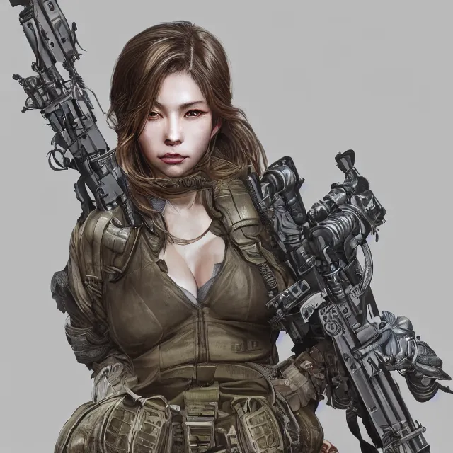 Image similar to the portrait of lawful neutral female futuristic marine sniper as absurdly beautiful, gorgeous, elegant, young gravure idol, an ultrafine hyperdetailed illustration by kim jung gi, irakli nadar, intricate linework, bright colors, octopath traveler, final fantasy, unreal engine 5 highly rendered, global illumination, radiant light, detailed and intricate environment