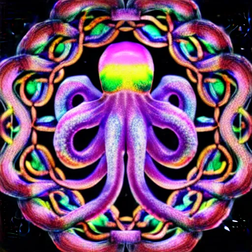 Image similar to a dramatic and beautiful digital matte painting of large iridescent octopus with legs made of fractal celtic knots, trending on cgartist, hi-fructose, mandala, string wall art, ultra detailed 8k